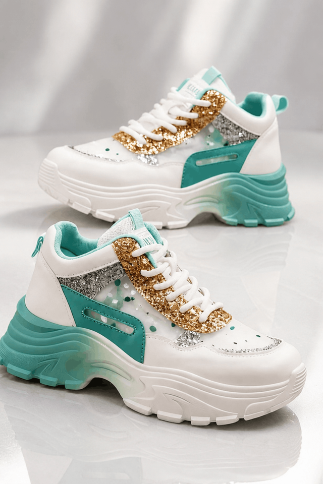 Kadın Beyaz-Turkuaz Işıltılı Chunky Sneaker – Kalın Tabanlı Glitır Detaylı Spor Ayakkabı