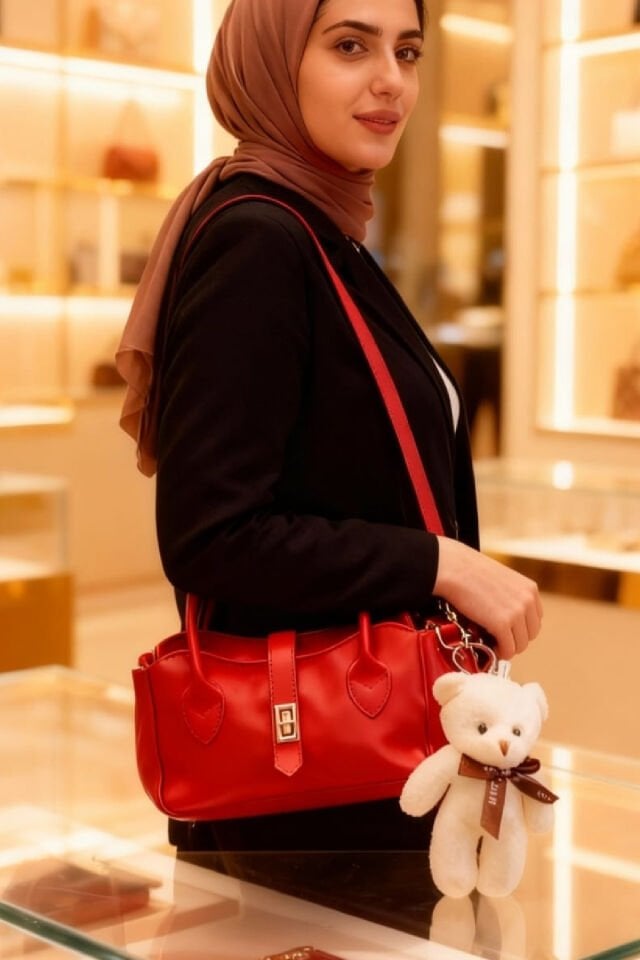 Peluş Ayıcık Charm Kadın Omuz Çantası – Kırmızı Renk & Peluş Ayıcık Detaylı Kadın Çanta