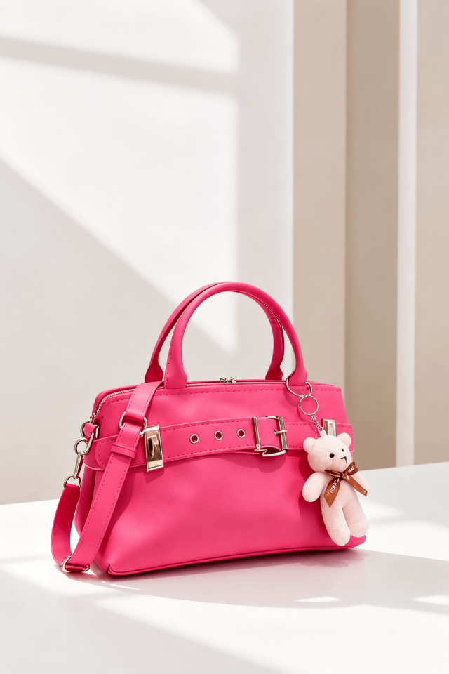 Peluş Ayı Charmlı Kadın Omuz Çantası – Pembe Renk & Peluş Ayıcık Detaylı Kadın Çanta