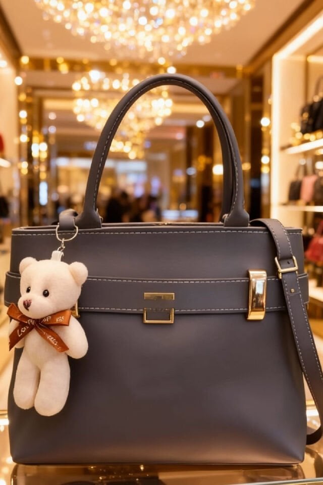 Peluş Ayı Charmlı Kadın Omuz Çantası – Gri Deri & Peluş Ayıcık Detaylı