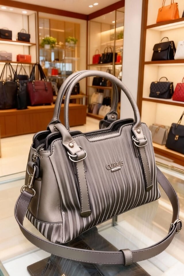 Kadın Metalik Gri Çizgili Omuz ve El Çantası – Şık Günlük Kombin Çantası