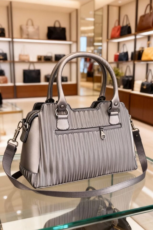 Kadın Metalik Gri Çizgili Omuz ve El Çantası – Şık Günlük Kombin Çantası