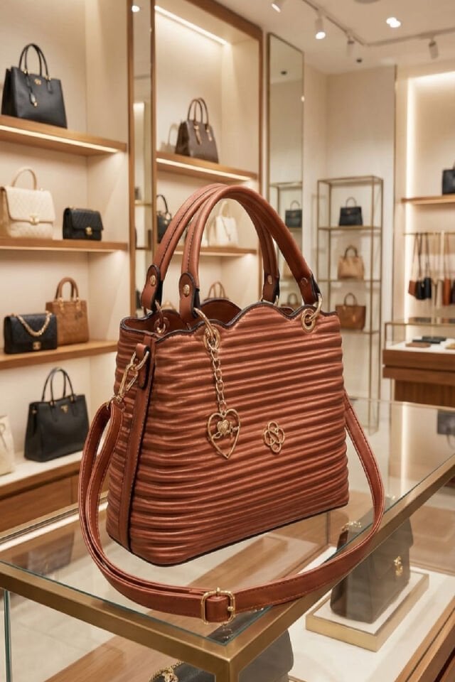 Modern Dalga Desenli Taba Renk Kadın El ve Omuz Çantası – Altın Kalp Aksesuarlı