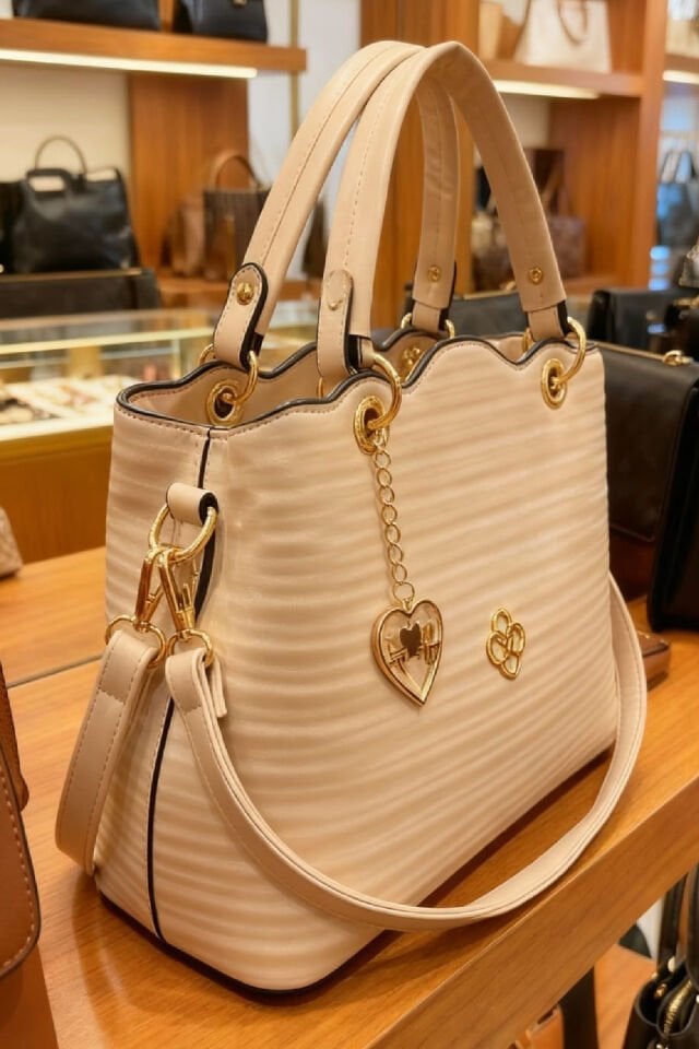 Krem Renkli Kadın El ve Omuz Çantası – Dalga Desenli Kapaklı, Altın Kalp Aksesuar Detaylı