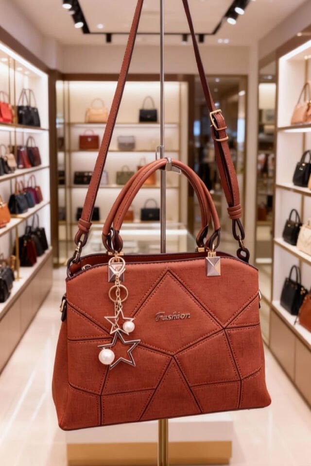 Taba Renk Kadın El ve Omuz Çantası – Yıldız ve İnci Aksesuar Detaylı, Geometrik Dikişli Şık Model