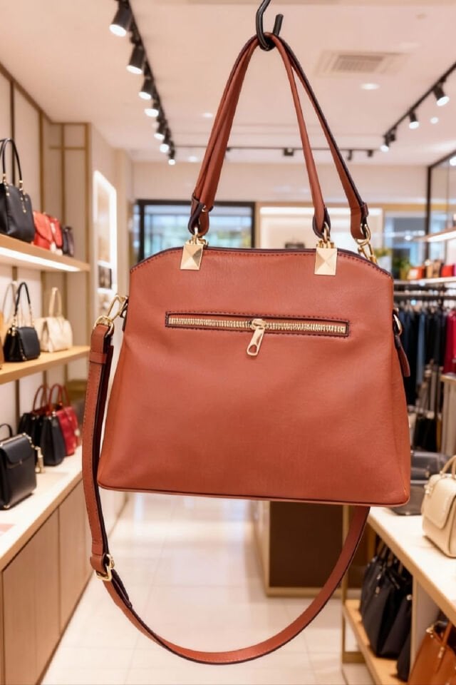 Taba Renk Kadın El ve Omuz Çantası – Yıldız ve İnci Aksesuar Detaylı, Geometrik Dikişli Şık Model