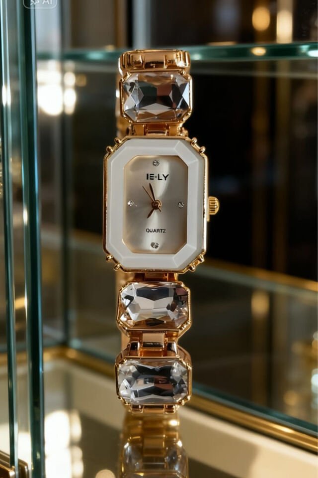 Kristal/Parlak Taşlı Dikdörtgen Kadranlı Kadın Saat – Rose Renk