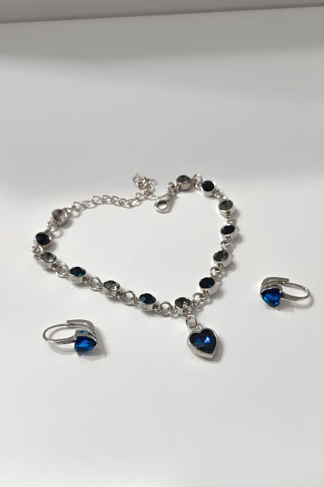 Mavi/Lacivert Renk Çelik Bileklik + Mavi/Lacivert Renk Çelik Küpe Set