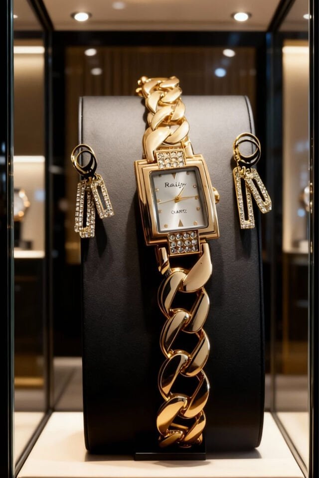 Şık Altın Renk Kadın Kol Saati ve Küpe Paslanmaz Çelik