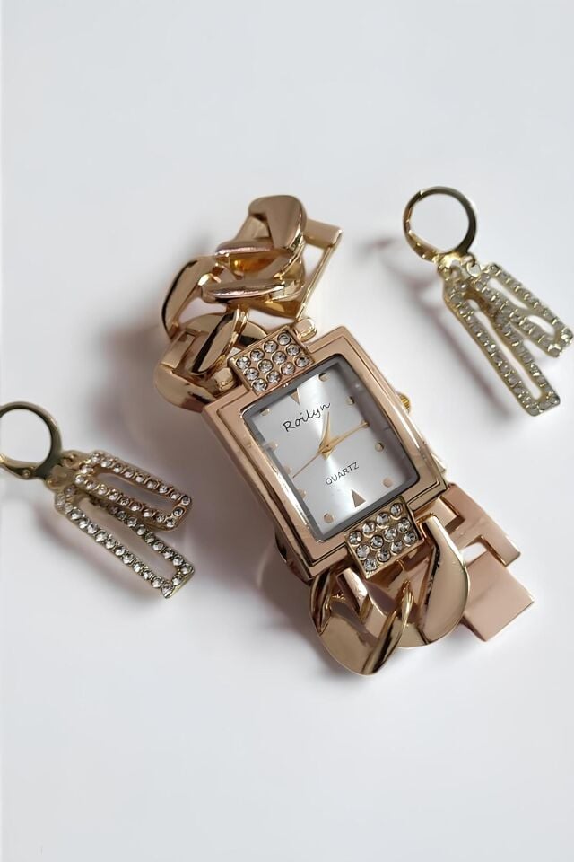 Şık Altın Renk Kadın Kol Saati ve Küpe Paslanmaz Çelik