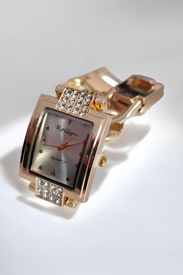 Şık Altın Renk Kadın Kol Saati ve Küpe Paslanmaz Çelik