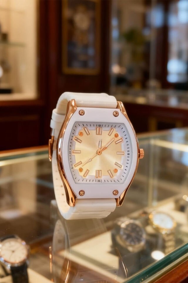 Turkuaz, Rose Gold Kare Kasa Kadın Kol Saati – Beyaz Silikon Kordon, Şık & Modern Tasarım