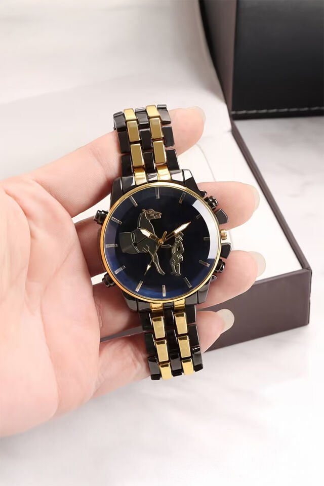 Siyah Altın Renk Erkek Metal Kol Saati – Büyük Kadran, Şık ve Modern Tasarım