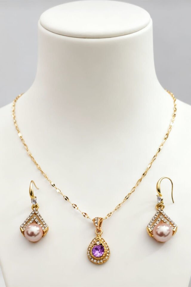 Su Damlası Mor Renk Kolye Ve Küpe Seti Çelik Malzeme