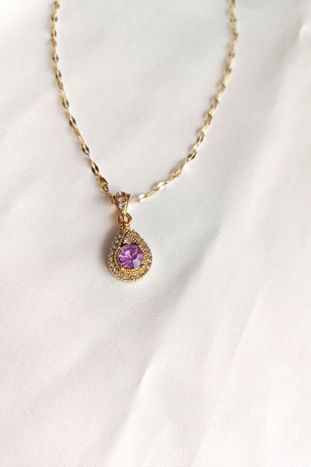 Su Damlası Mor Renk Kolye Ve Küpe Seti Çelik Malzeme