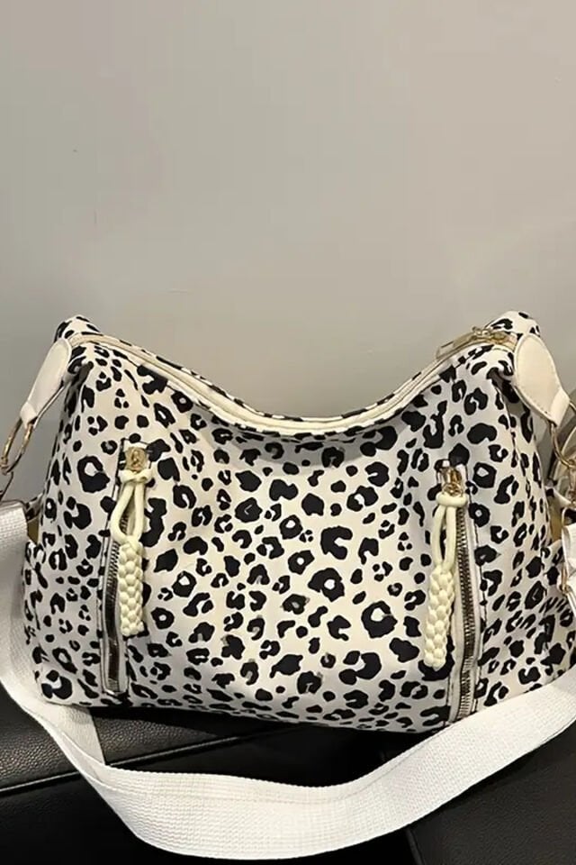 Krem Renk Leopar Desenli Kadın Omuz Çantası - Ayarlanabilir Şık Tasarım