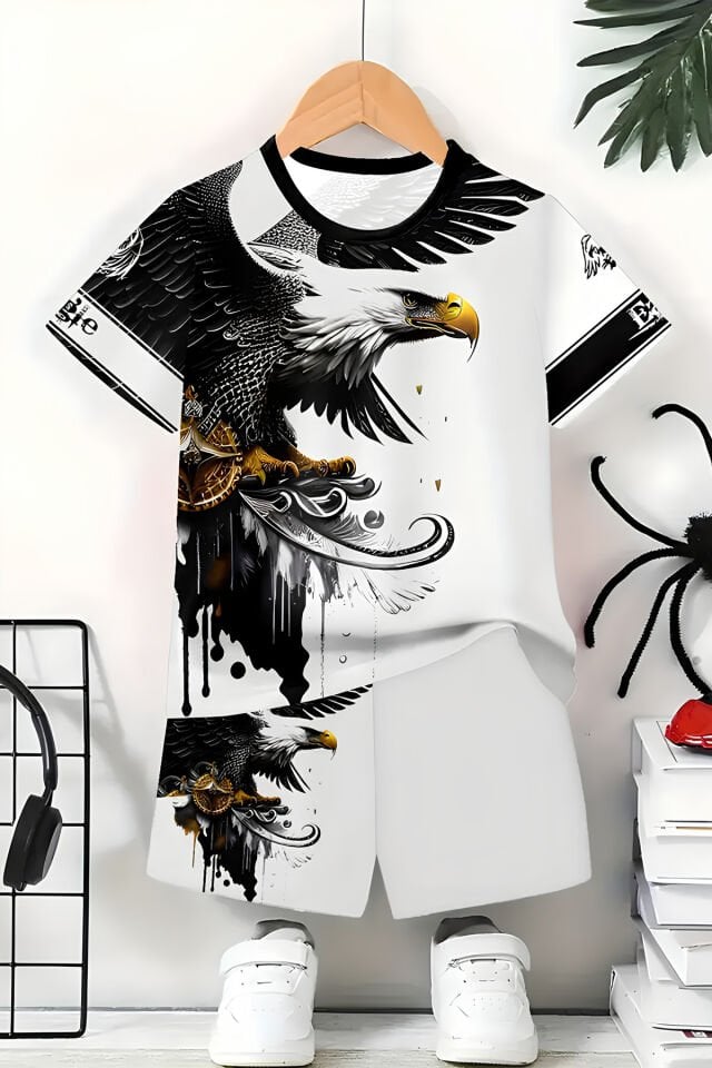 Erkek Çocuk Kartal Baskılı Tişört ve Şort Takımı – %100 Polyester, Şık ve Rahat Yazlık İkili Set