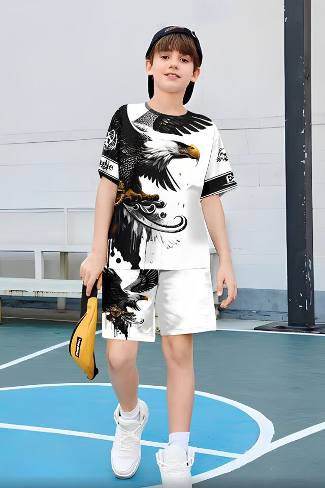 Erkek Çocuk Kartal Baskılı Tişört ve Şort Takımı – %100 Polyester, Şık ve Rahat Yazlık İkili Set